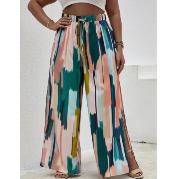 Boho plus size print side slit wide leg palazzo pants - Picture 2 of 5